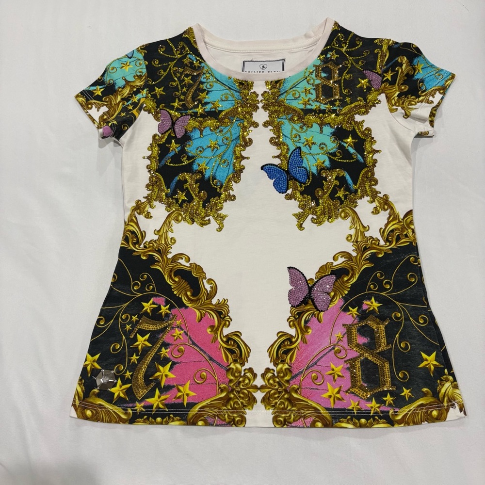 Philipp Plein Junior White Tee with Turquoise and Gold‎ Sequin Butterfly